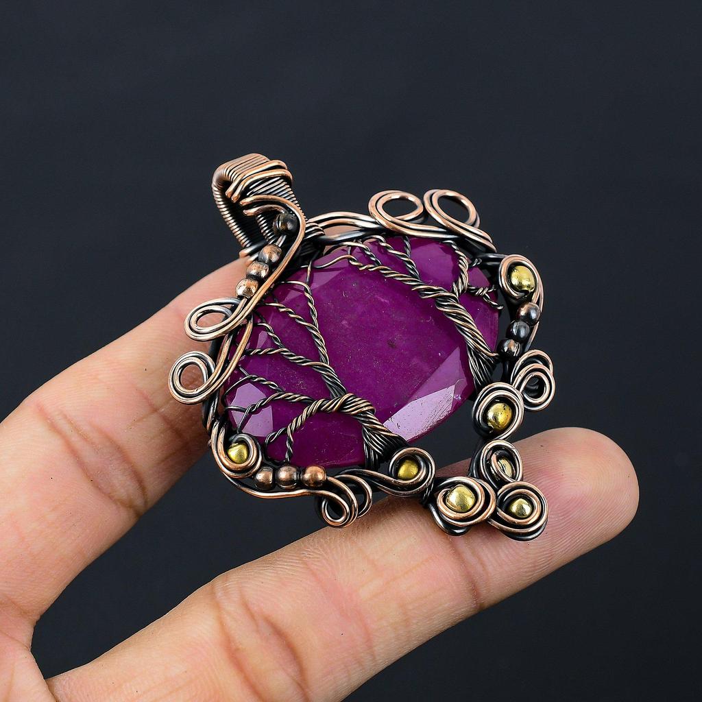 Ювелирные изделия ручной работы с подвеской из чистой медной проволоки «Древо жизни», созданный в лаборатории рубиновый драгоценный камень