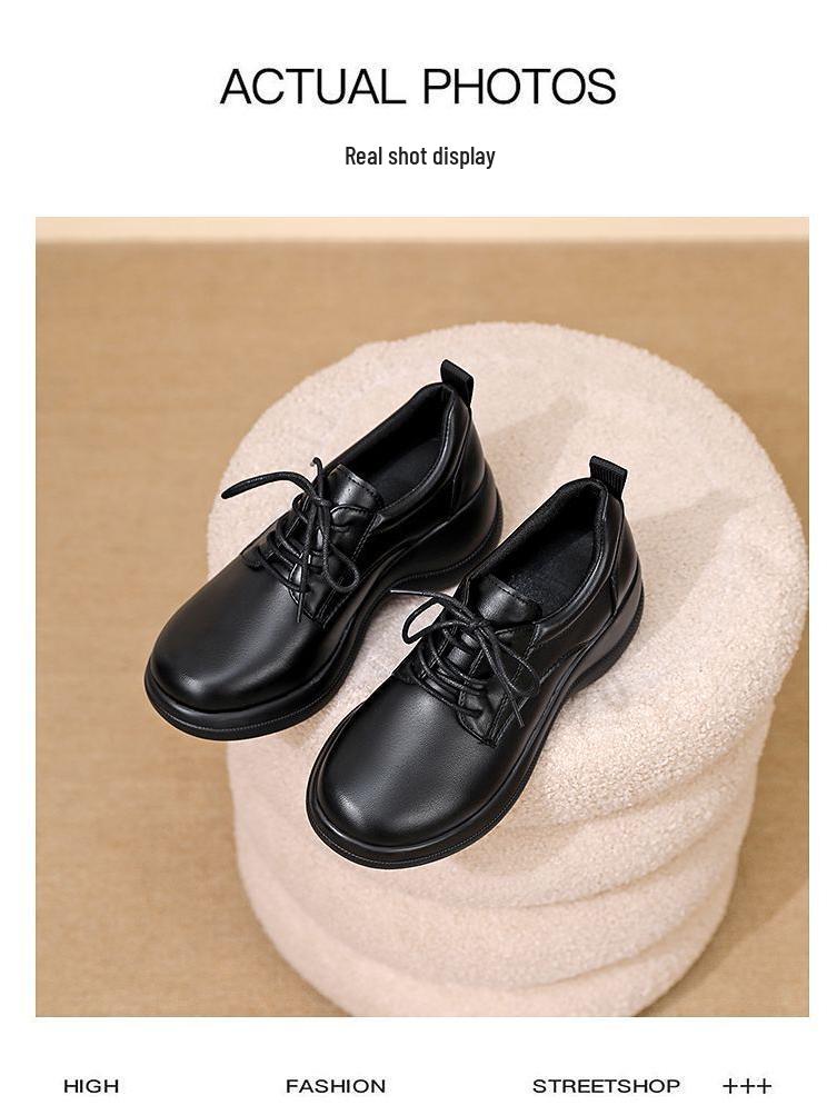 Женские черные кожаные туфли на массивном высоком каблуке - Осенний стиль, Увеличивающие рост, Толстая подошва, Легкие, Износостойкие, Низкий верх