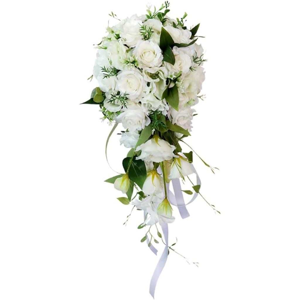 Artificial Flower Holding Flower Wedding Bouquet for Bride Waterfall Design White Simulation Flower Bouquet