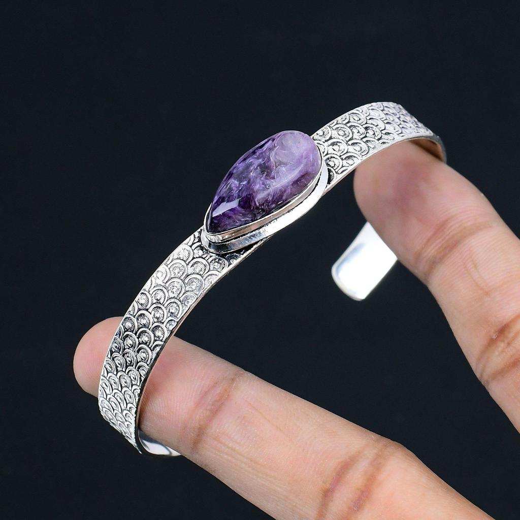 Стерлинговое серебро Груша Натуральный чароит День рождения Элегантный Этнический Новый браслет Ювелирные изделия