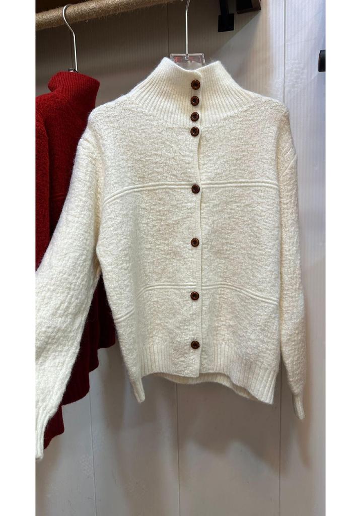 Women's High-Neck White Long-Sleeve Loose Knit Cardigan Sweater Top