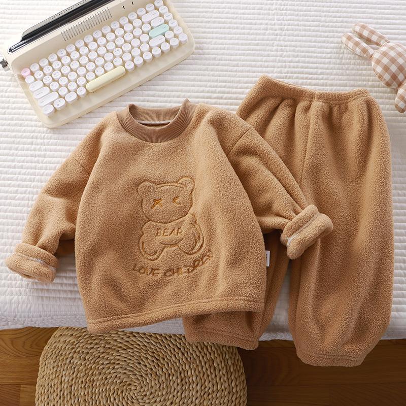 Boys Girls Kids Winter Solid Warm Sets Medium-Sized Children's Long-Sleeve Crew Neck Fleece-Lined Top + Pants Homewear Two-piece Set