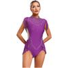 Womens Ballet Gymnastics Dress Rhinestones Figure Ice Skating Leotard Sleeveless Sheer Mesh Patchwork Tassel Skirted Bodysuit