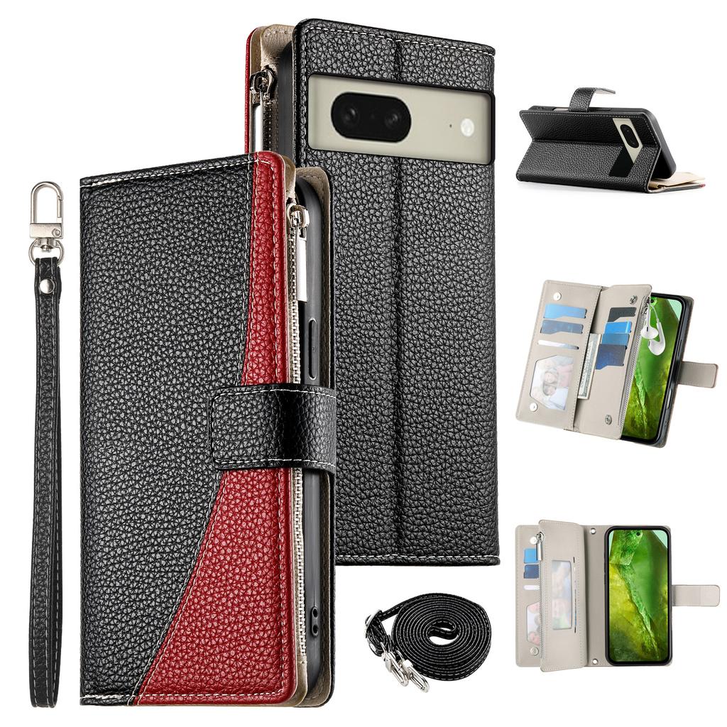 For Google Pixel 8 Case Zipper Wallet Color Splicing Leather Flip Phone Cover with Straps