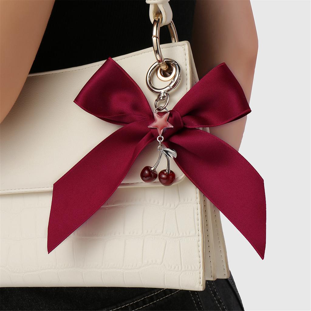 Fashion Pearls Cherrys Star Keychain with Ribbon Bowknot Handmade Sturdy Alloy Resin Charm for Women Ladies Daily Use