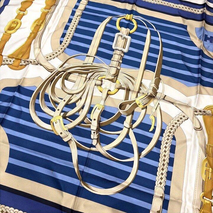 [Б/У] Отличное состояние HERMES Платок-каре 90 Карета для верховой езды Модный аксессуар r2282 Шарф, 100% шелк, В полоску, С рисунком, Женский, Синий,