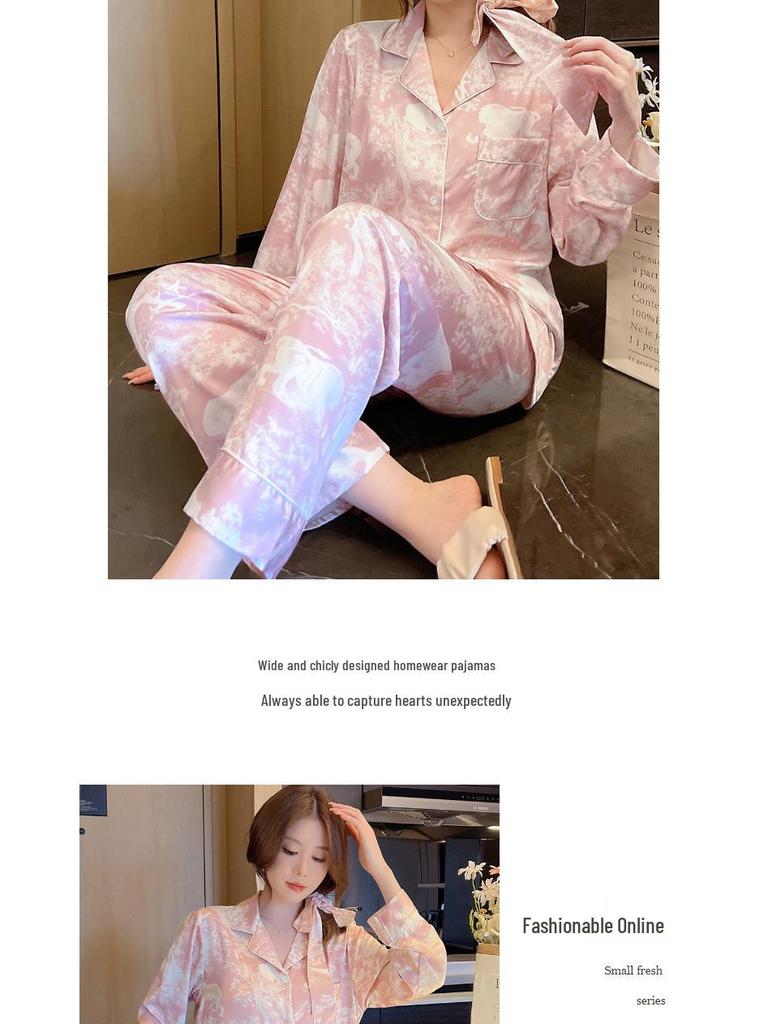 Stay-at-Home Loose Spring/Summer Ice Silk Pajamas: Long Sleeve Loungewear Set with Exquisite Texture