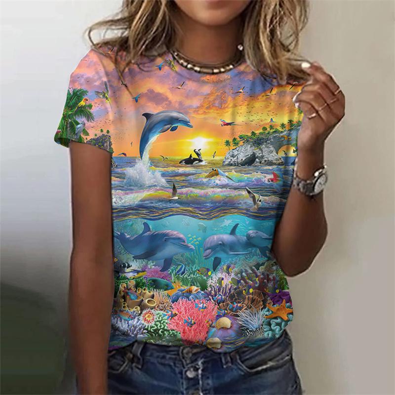 3D Printed Dolphin Wolf T Shirt For Women Marine Life Pattern Short Sleeves Summer Casual O-Neck Tops Tees Loose Women T-Shirts