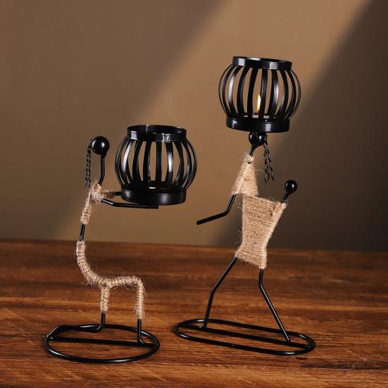 Human Figure Iron Candle Holder Handmade Metal Jute Rope Candlestick Nordic Boho Home Decor for Dining Table Bar Countertop Wedding