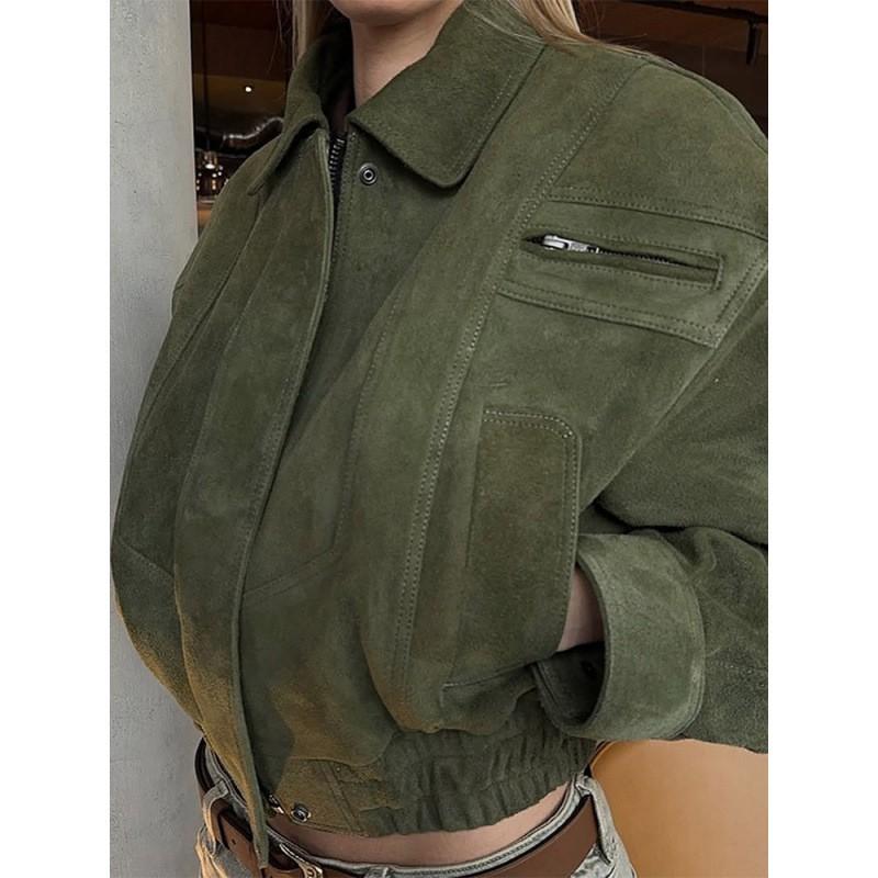 Womens Retro Moto Jacket Short Loose Fit Suede Blazer Fall Winter Streetwear