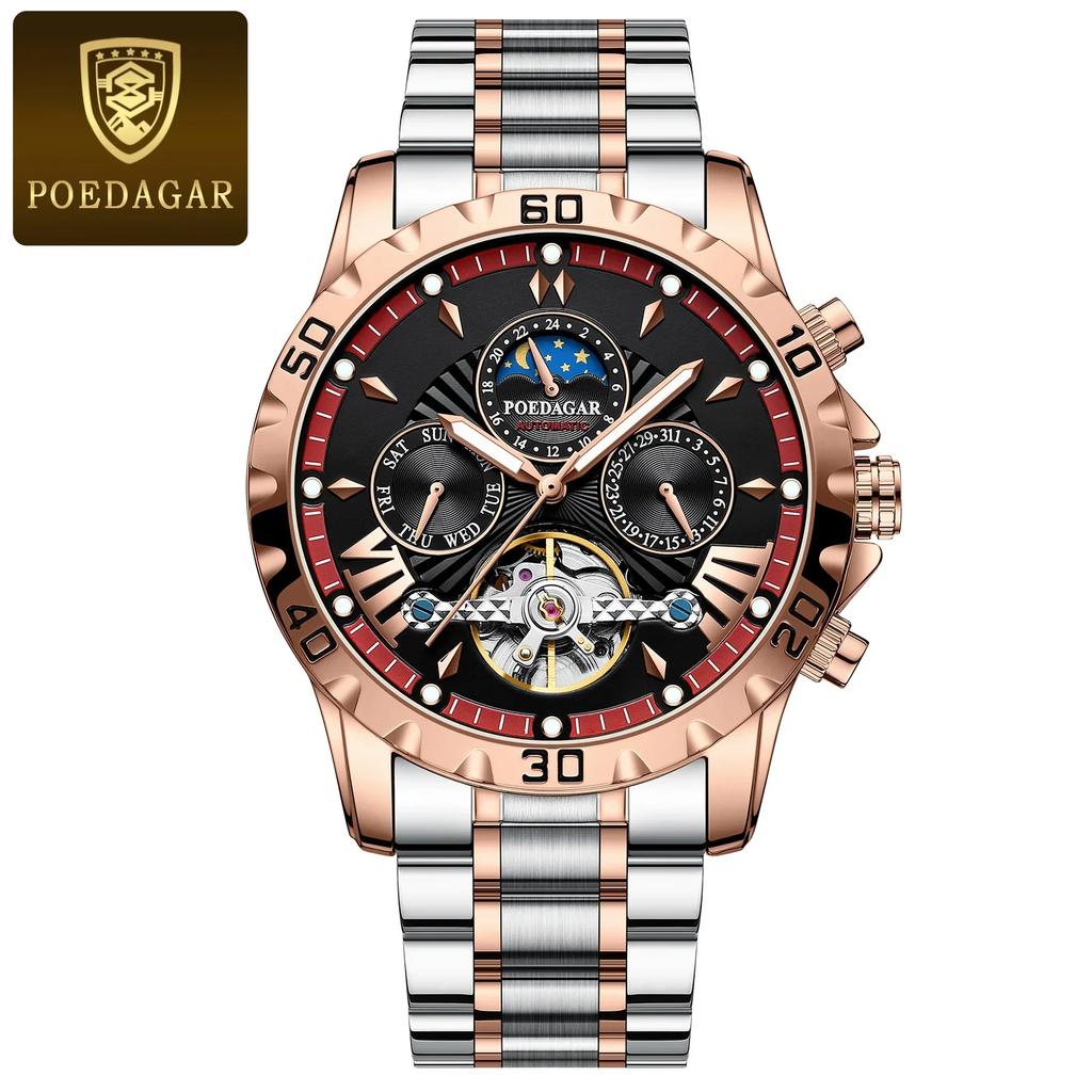 Dual Calendar Men's Fully Automatic Tourbillon Hollow Mechanical Watch Fashionable Waterproof Luminous Moon Phase Dial Men's Business Mechanical Watch