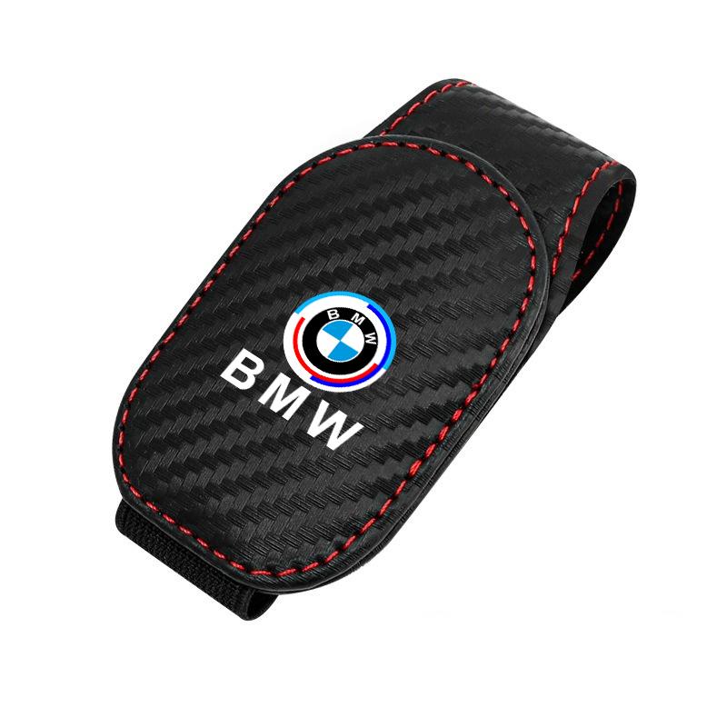 SHEJ3 Leather/Carbon Fibre Car Glasses Clip Sunglasses Bracket Cards Case For BMW 50th Anniversary 1 3 5 7 series E83 F16 E70 X1 X2 X3
