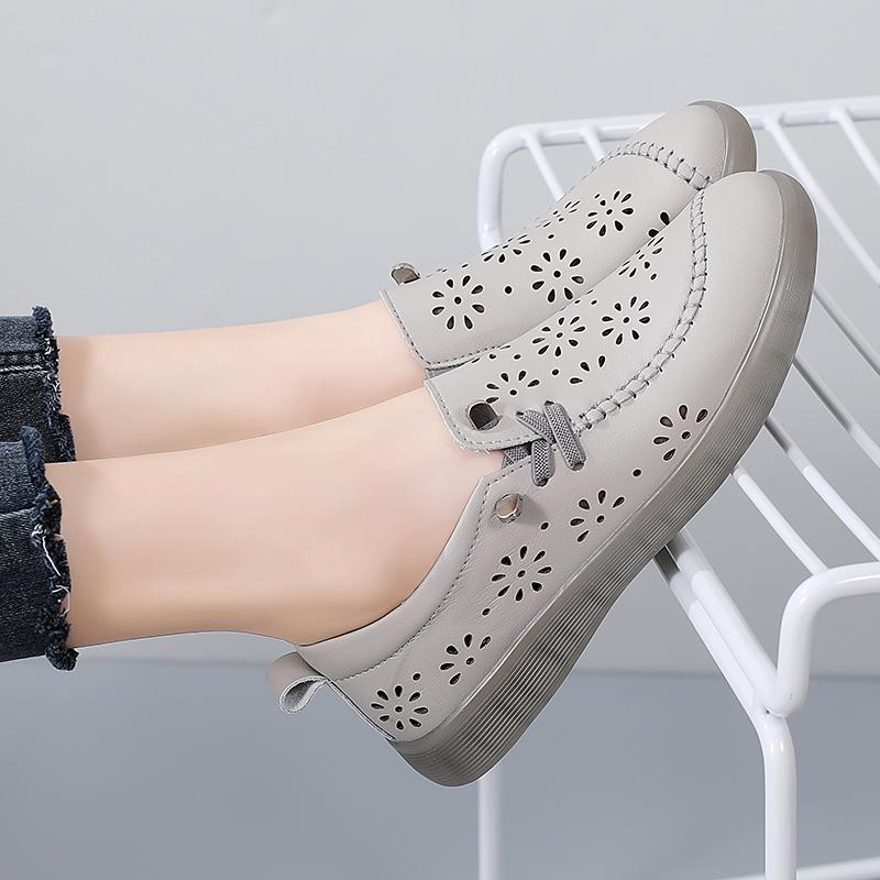 35-41 Women's Large Breathable Fashion Flat Leather Shoes with Hollow Out Shoes White Shoes Lefu Shoes