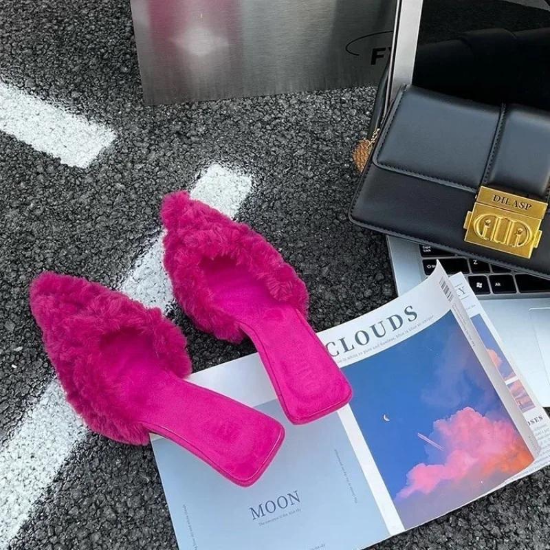 Женские туфли на высоком каблуке Замшевые тапочки 2023 Новый тренд Весенняя мода Вечеринка Сексуальные лодочки Повседневные женские туфли-стилет Сандалии с мехом Mujer