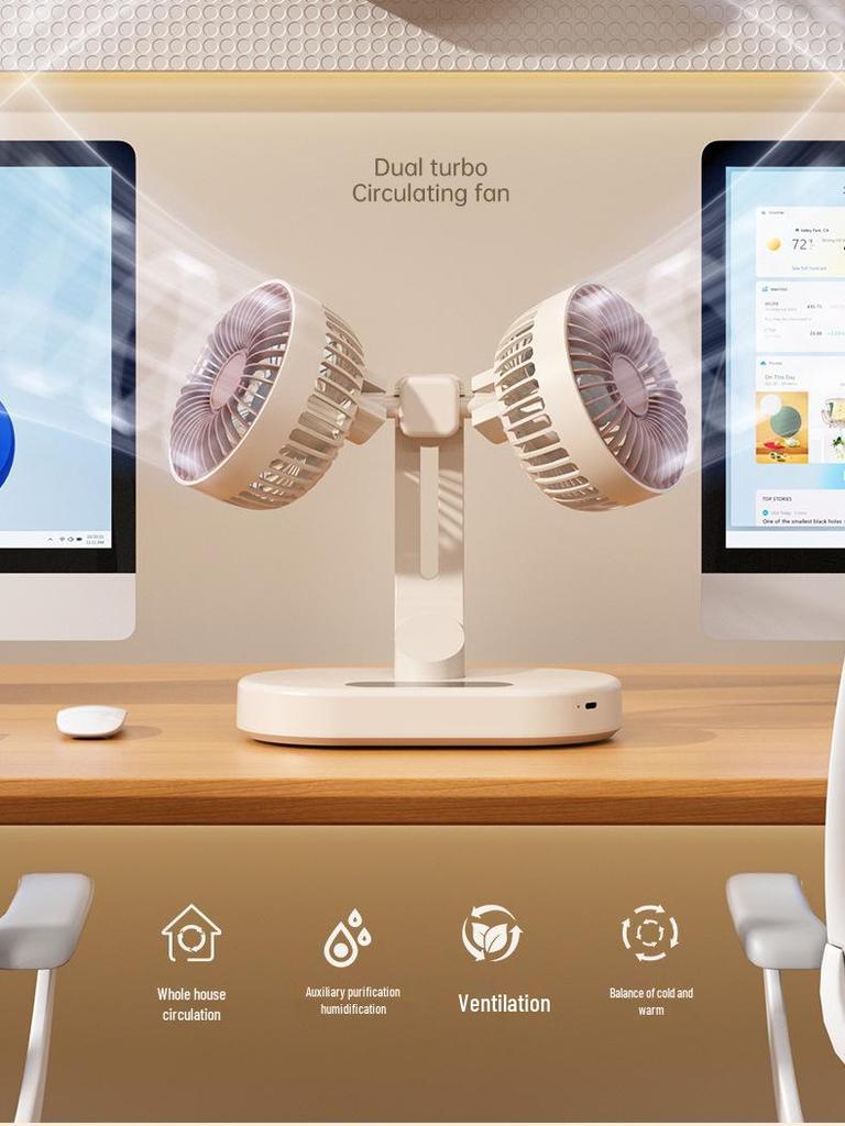 Wireless Dual-Head USB Desktop Fan - Compact, Long Battery Life for Home Use