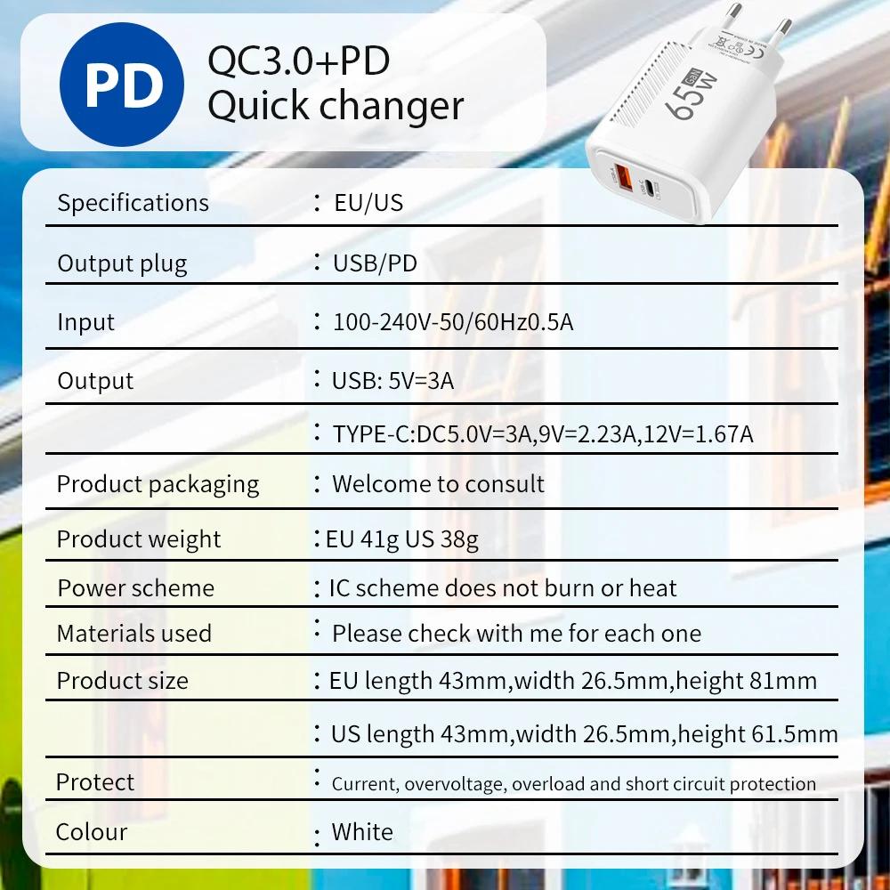 65W PD Fast Charger EU US Plug USB Type C Quick Charger For iPhone Xiaomi Samsung  Phone Charger Phone Accessories