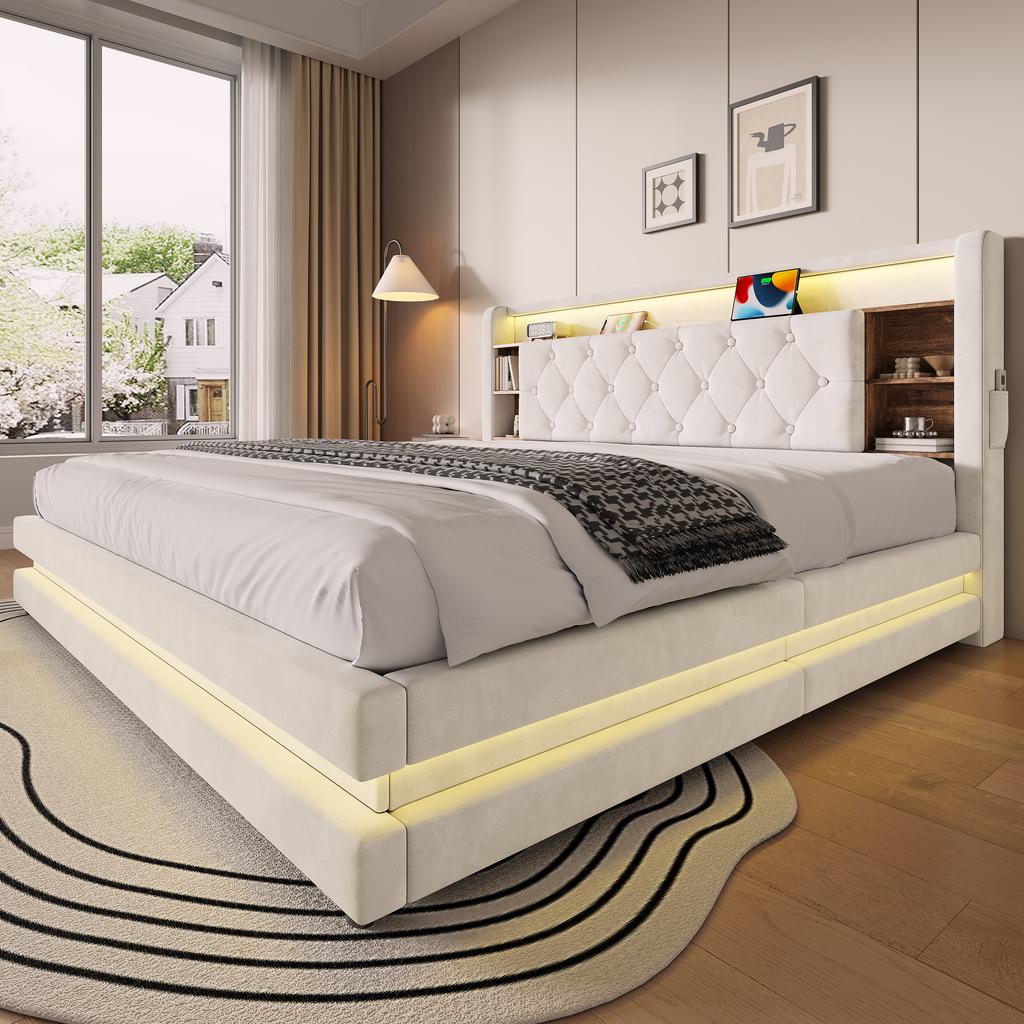 180 × 200 cm Upholstered Bed with Storage, Velvet Bed with Multifunctional Headboard, LED Lighting, 2 USB & Type-C Port, Hydraulic, Beige