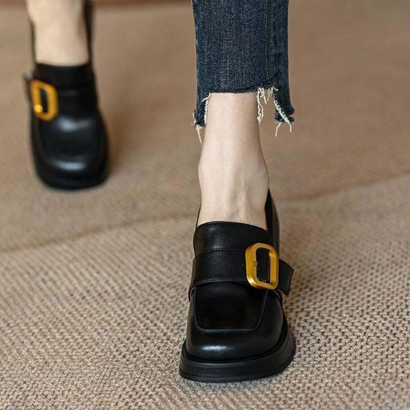 Maogu 2024 New Thick-soled College Style Casual Loafers Black Leather Fashion Pumps Girls Heels Shoes Female Women British Style