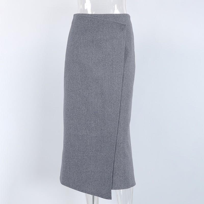 Gray Wool Blend Midi Skirt Women 2026 Fall French Style Wrap