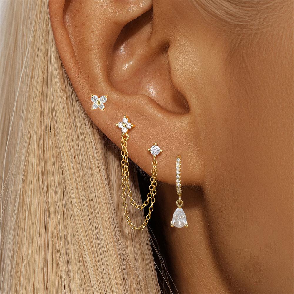 3PCS Set Stainless Steel Crystal CZ Butterfly Ear Stud Earring Gold Plated Pendant Water Drop Cartilage Earring Piercing Jewelry