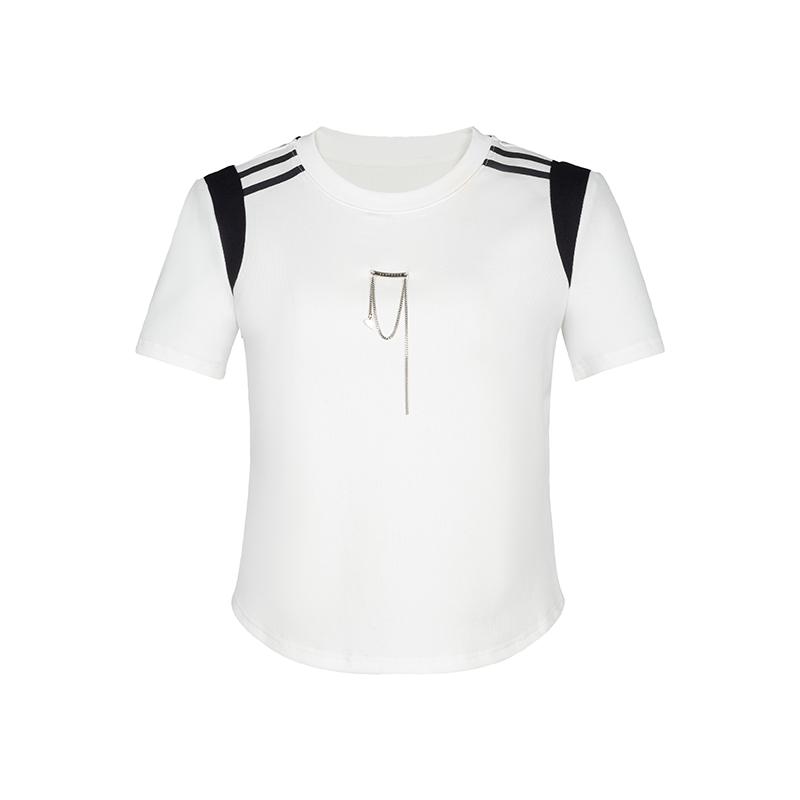 Round neck T-shirt for women, elegant summer short sleeved shirt, contrasting color top