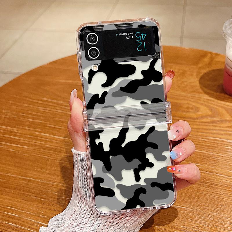 Transparent Phone Case For Samsung Galaxy Z Flip5 Flip4 Flip3 Cow Pattern Clear Folding Hard PC Cover For Samsung Z Flip 5 4 3