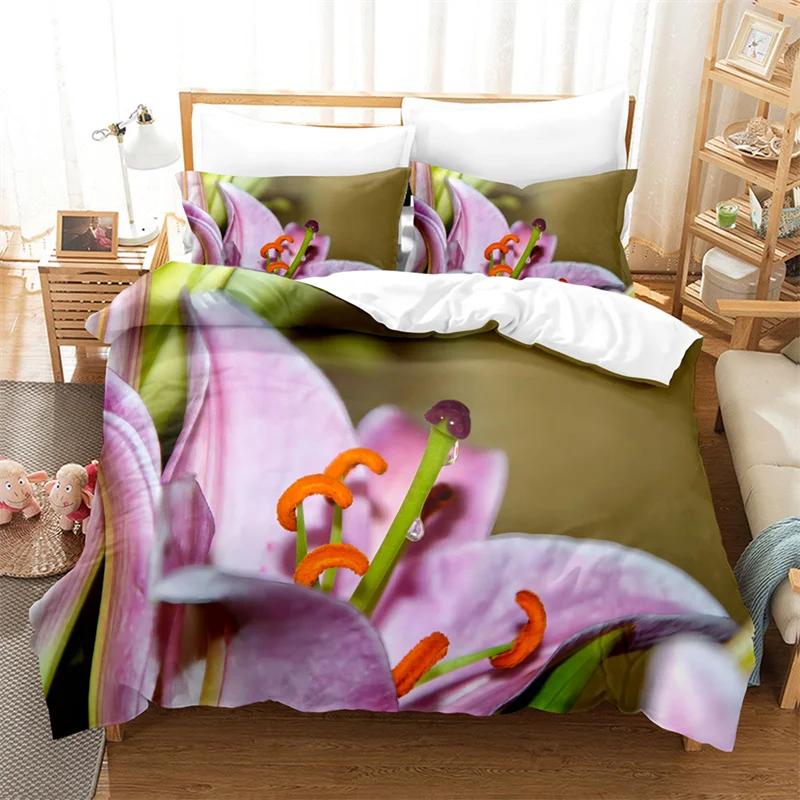 Lily Duvet Cover Set for Single Double Bed Pink Flower Quilt Cover King Size Bedding Set 2PCS 3PCS with Pillowcase Full Twin New