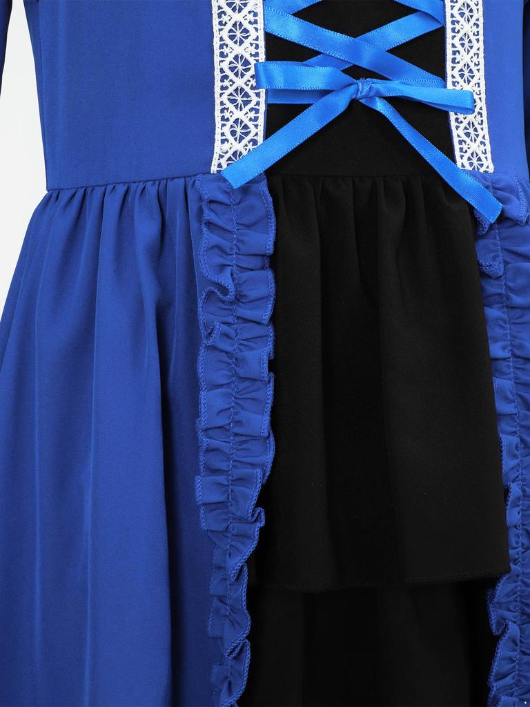 Girls Medieval Renaissance Long Dress Color Contrast Bell Sleeve Layered Ruffles Costume
