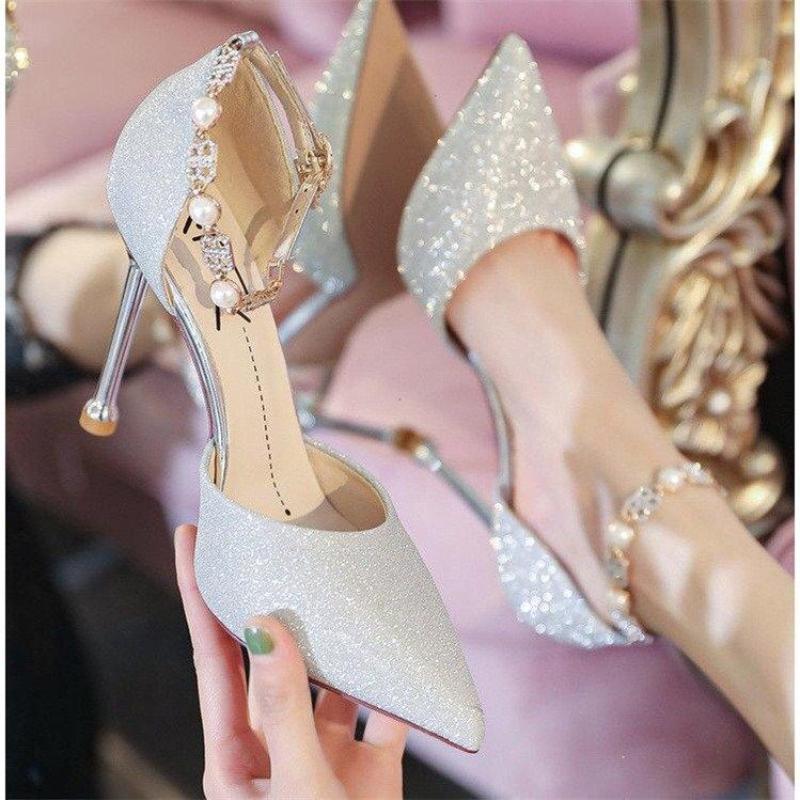 Ladies High Heels Ankle Buckle Strap Women's Trend Dress Pump Women Pearl Metal Decoration Spike Heels Shoes Women
