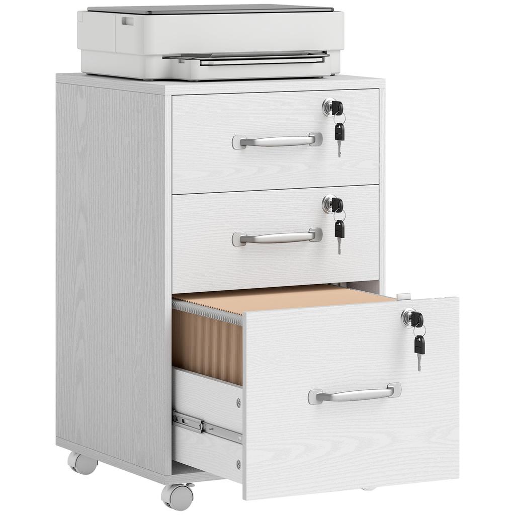 Mobile Office Pedestal, 3 Lockable Drawers, Storage Unit on Wheels, 40 x 40 x 69.5 cm, White