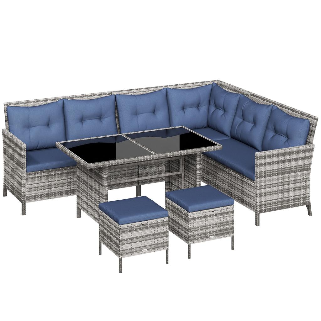 7-Seater Patio wicker Sofa Set Rattan Chair Furniture w/ Glass & Cushioned, Dark Blue