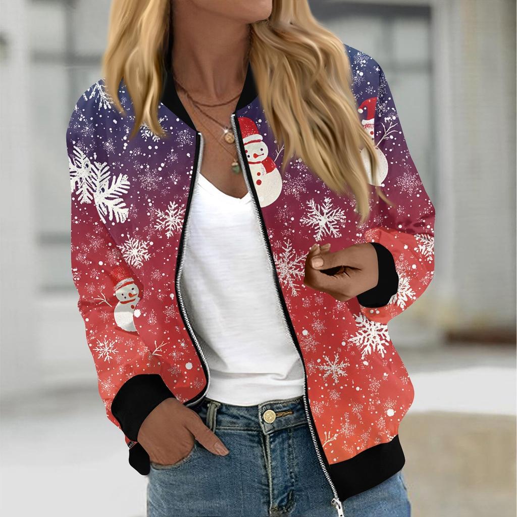 Куртки женские с длинным рукавом, легкие, на молнии, укороченные, модные, с рождественским принтом, верхняя одежда, повседневные, стеганые куртки с карманами