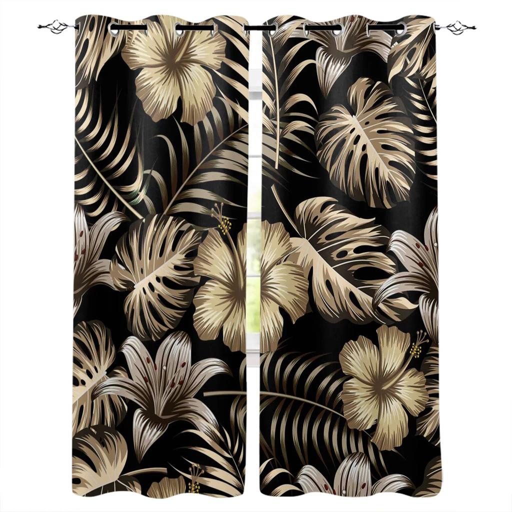 3D печатные золотые листья, черный фон, оконные шторы для гостиной, кухни, занавески для спальни, декоративные украшения для окон