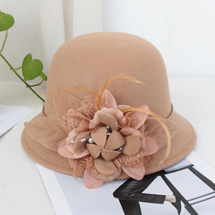 Bucket Hat Female British Retro Feather Flower Woolen Top Hat Elegant Felt Hat Pot Hat