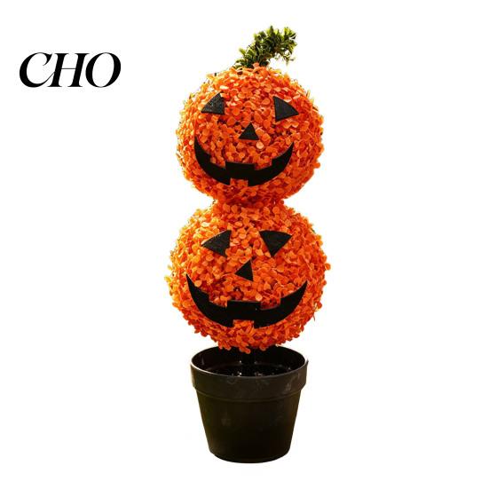 Autumn Seasonal Home Decor Artificial Pumpkin Topiary Tree, Halloween Face Faux Boxwood Plants with Stake, Indoor Party Props Fall Thanksgiving