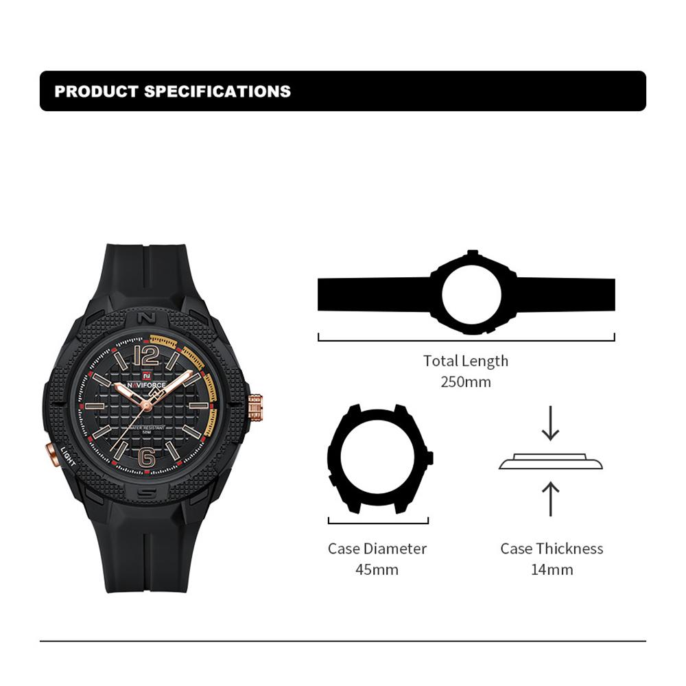 Naviforce Оригинальные легкие кварцевые часы для мужчин, светящиеся стрелки, водонепроницаемость 50 м, силиконовый ремешок, уличные модные мужские часы NF7126
