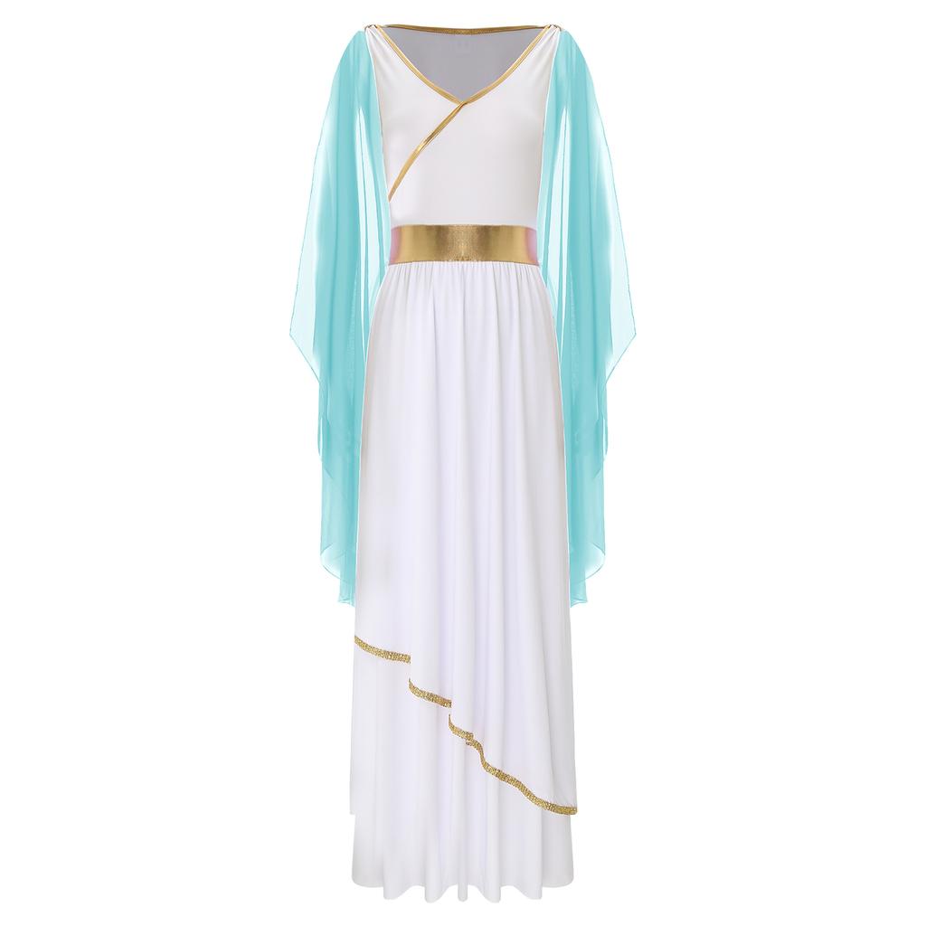 Womens Ancient Greek Beauty Dress V Neck Sleeveless Gold Trims Toga Greece Roman Queen Cosplay Costume
