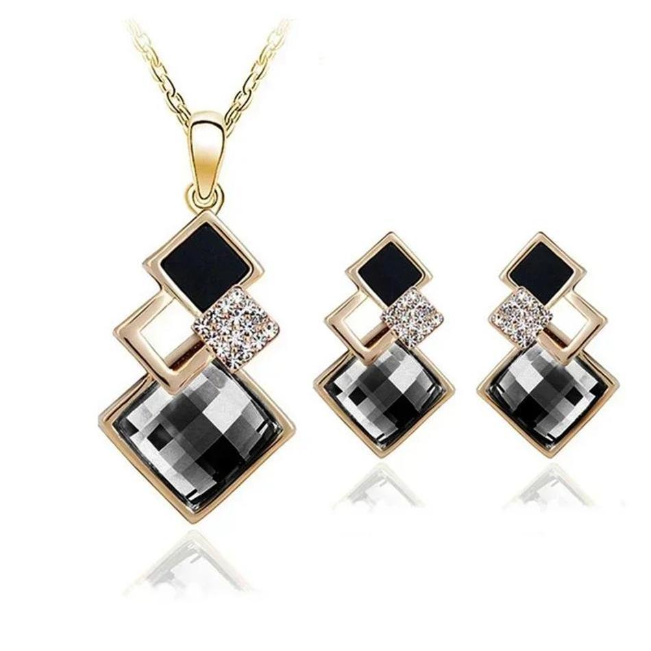Square Diamond Inlaid Necklace Earrings Set Collarbone Chain Accessories Gifts Fashion Creative Decoration Korean Minimalist