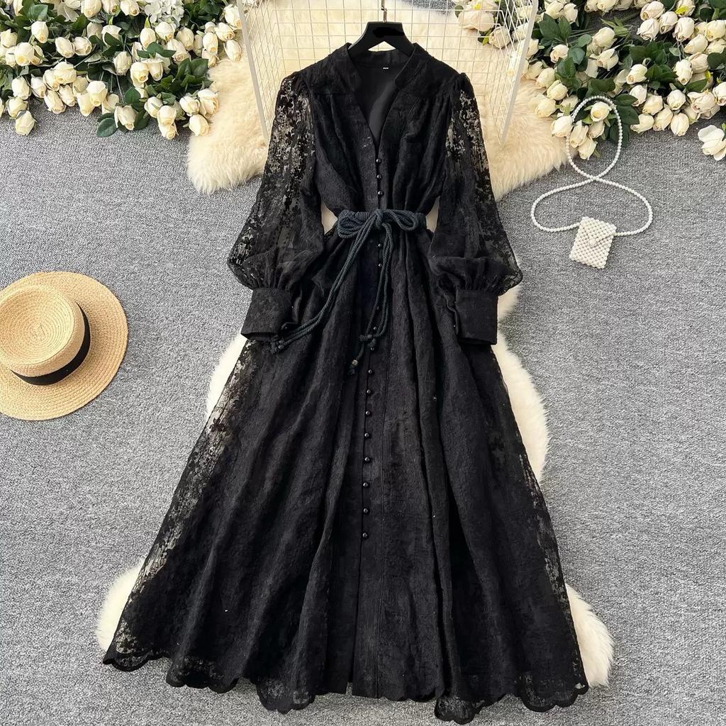 France Vintage Embroidery Formal Dresses Women Summer Autumn Lantern Long Sleeve Lace Pearl Prom Evening Birthday Party Dress