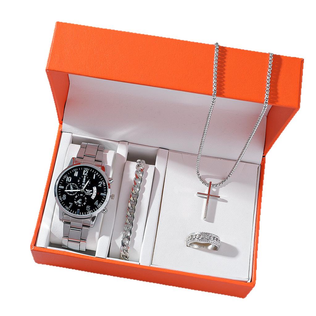 Men'S Business Steel Belt Summer Versatile Silver Watch 4Pcs/Set Gift Quartz Wrist Watch