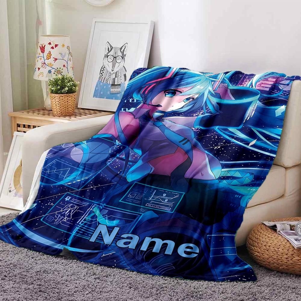 Custom Name Hatsune Miku Theme Printed Blanket - Perfect for Couch, Bed, Travel & Outdoor Use | Machine Washable, Cozy & Durable.