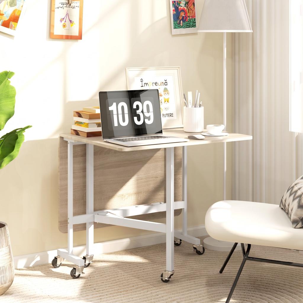 Foldable Dining Table, Suitable for up to 6 People, with 6 Casters and Brakes, for Small Spaces, Oak