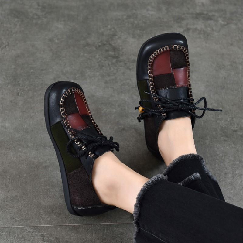 Johnature Туфли-балетки из натуральной кожи контрастного цвета с квадратным носком, прошитые, на шнуровке, на мягкой подошве, женские