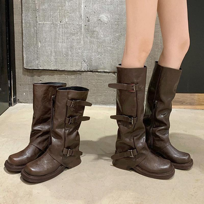 Grape Mother of the Same Style~ Leg Fine Bear Height Increase 6cm Belt Buckle Square Round Head Fold Medium High Tube Knight Boots Leather Boots