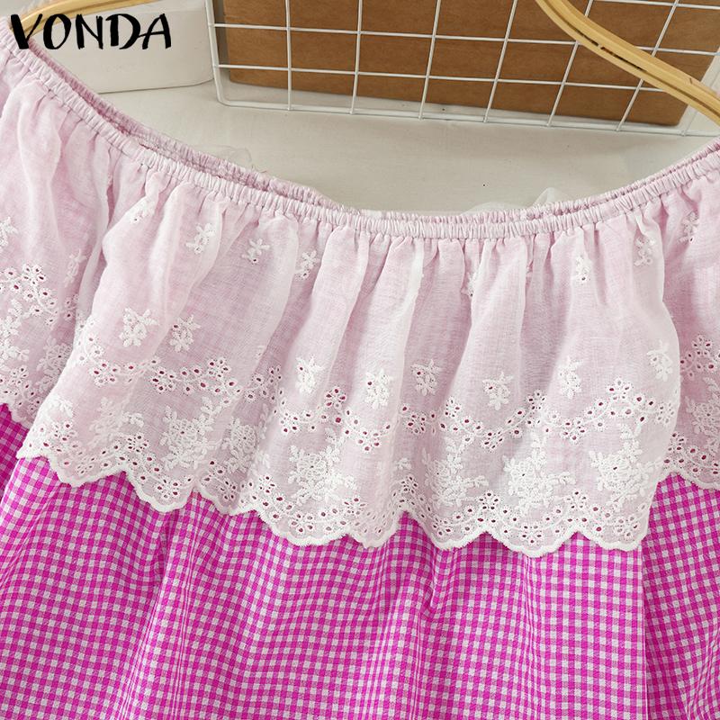 VONDA Женские летние кружевные контрастные клетчатые блузки с открытыми плечами и короткими рукавами