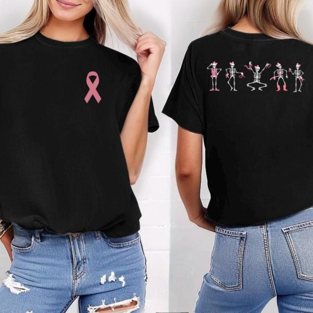 Breast Cancer Awareness Pink Ribbon Skeleton Tshirt Halloween Gift Dancing Bones Shirt Wounisex Unisex Unisex Comfortable Cotton Tee