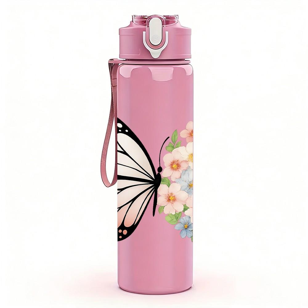 1PC Floral White Butterfly Print 750ml Color Plastic Sports Water Bottle Leakproof Flip Straw Lid Suitable for Sports Office Home Use