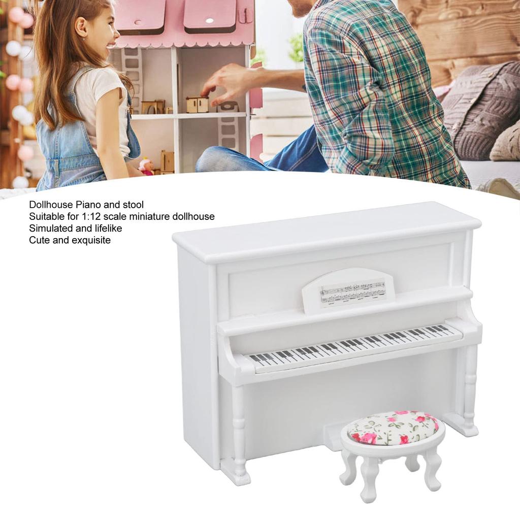 Кукольный рояль, 1:Деревянное миниатюрное пианино масштаба 12, Модель миниатюрного пианино со стулом, Музыкальная табуретка, Декоративные аксессуары, Имитация жизненной сцены, Гостиная