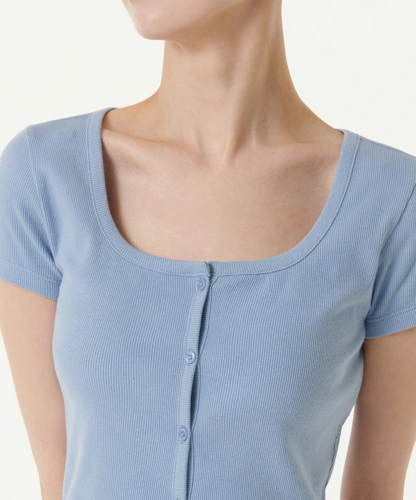 MUSINSA STANDARD WOMAN Women'S Slim Crop Square Neck Button T-Shirt [Cloudy Blue]