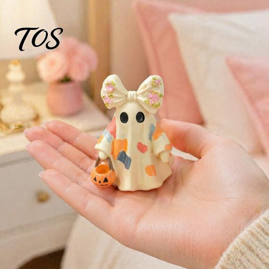 Retro Style Fall Home Decor Halloween Bow Ghost Figurine Tabletop Ornament, Cute Resin Statue with Hand Painted Crafts Pumpkin Basket, Patchwork